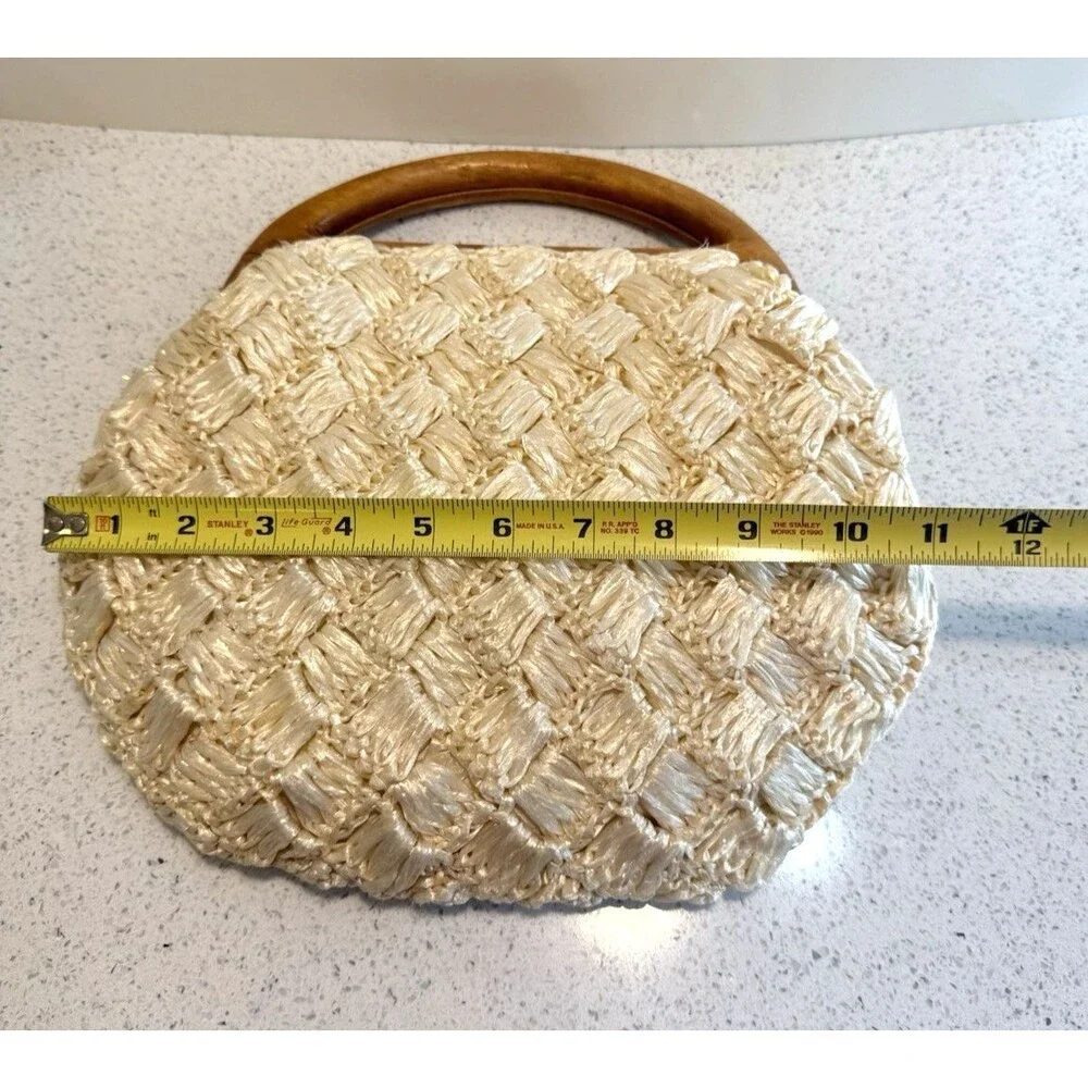 Vintage Purse Woven Straw Raffia Handbag Floral Wooden Handle Cream 1960's - Picture 13 of 13